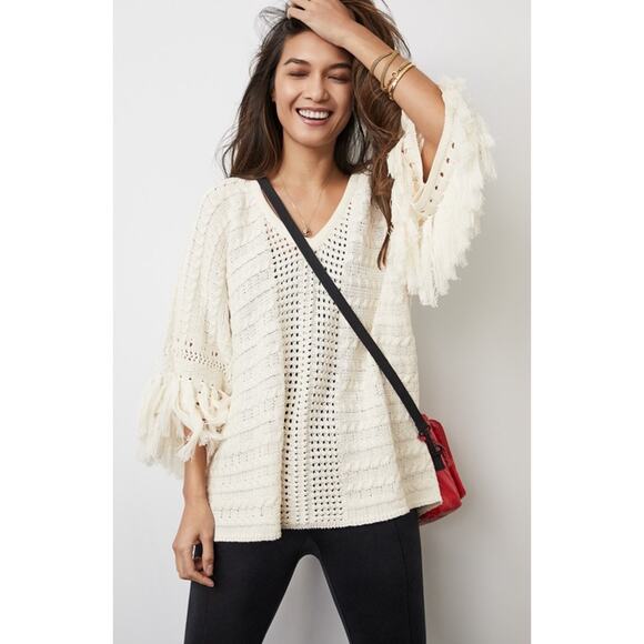 CAbi Fiesta Cream Fringe Sleeve Loose Knit Poncho Style 5803 Medium - Picture 1 of 6